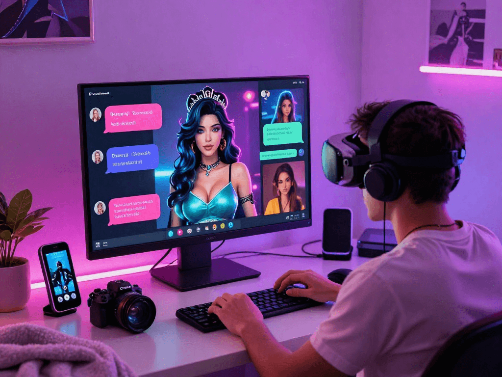 The engaging world of sex chat ai with vibrant characters and cozy virtual spaces, showcasing a user interacting with an AI in a dynamic chat environment.