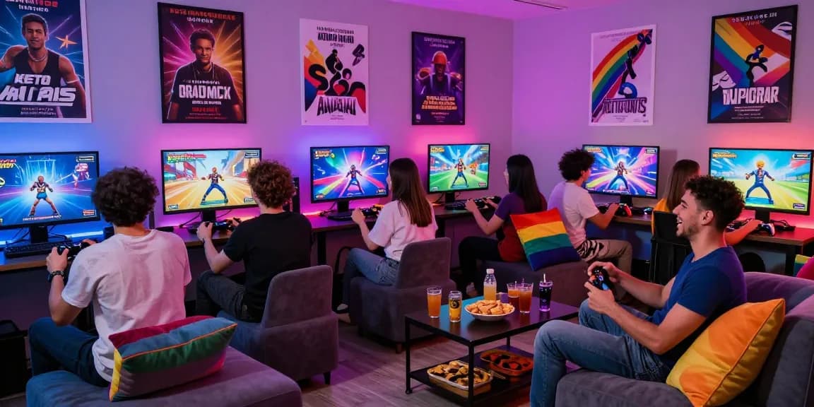 Engage in vibrant gay sex games with friends in a lively gaming lounge featuring colorful decor and interactive gameplay.