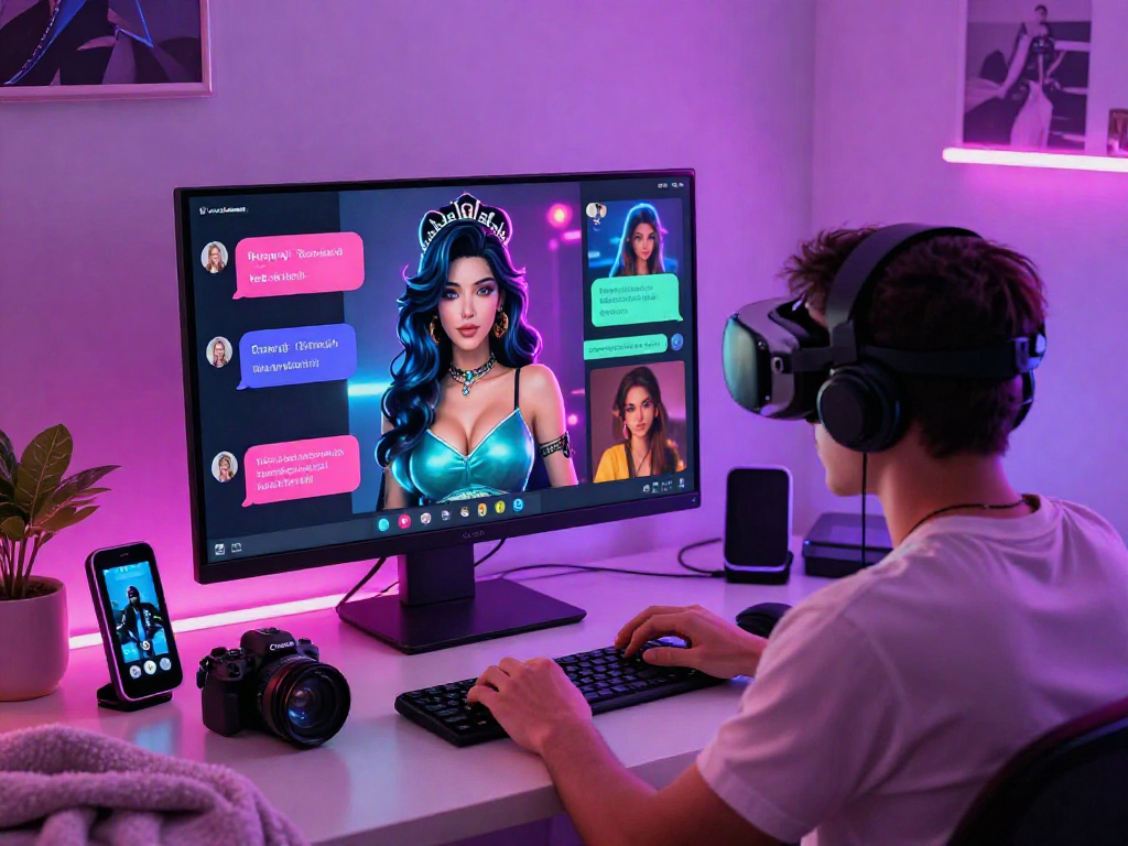 The engaging world of sex chat ai with vibrant characters and cozy virtual spaces, showcasing a user interacting with an AI in a dynamic chat environment.