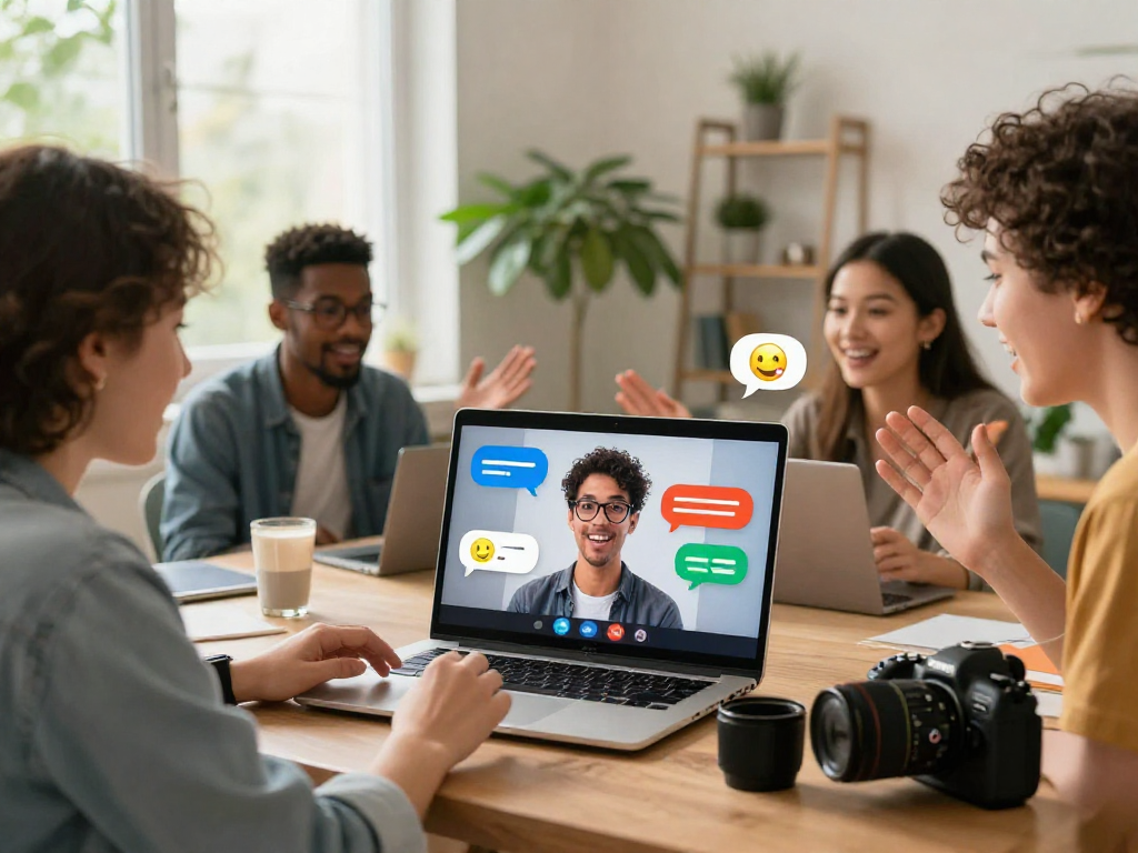 Engaging virtual conversation showcasing spicy ai chat interactions among diverse individuals in a modern home office.