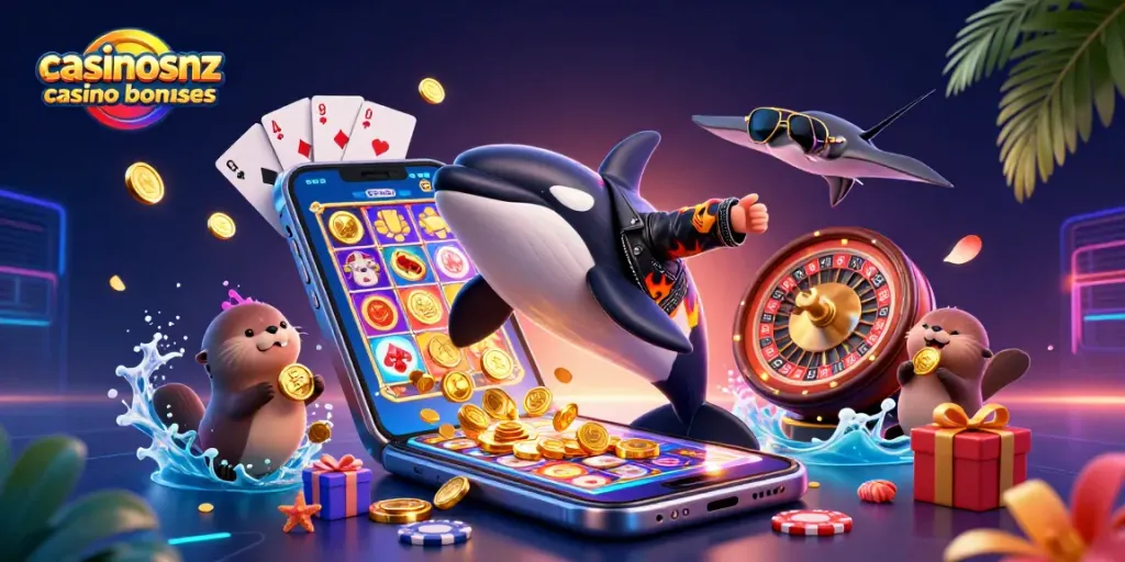 Engage with casinosnz casino bonuses as an orca, stingray, and otters play with casino elements in a dynamic scene.