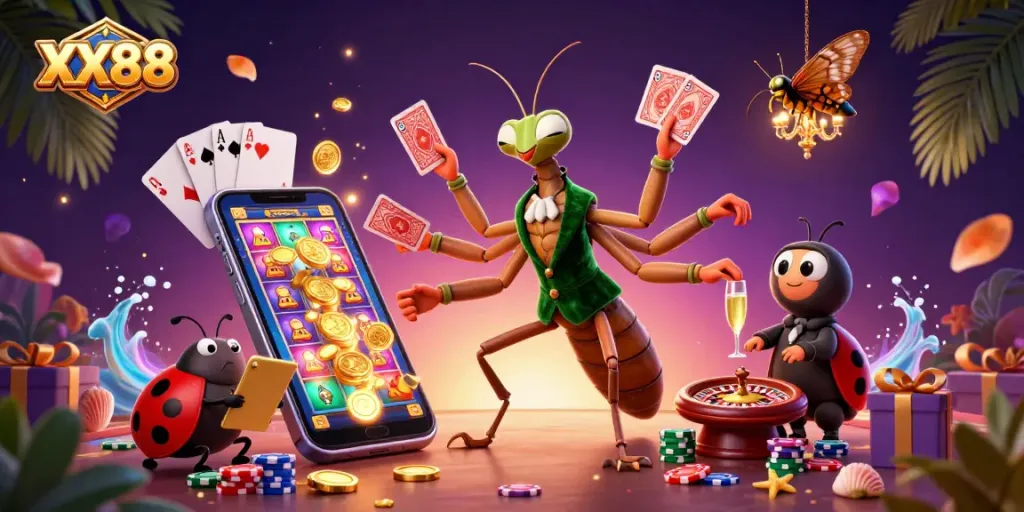 Experience the vibrant action at XX88 casino with a lively 3D scene of characters engaging in exciting gambling activities.