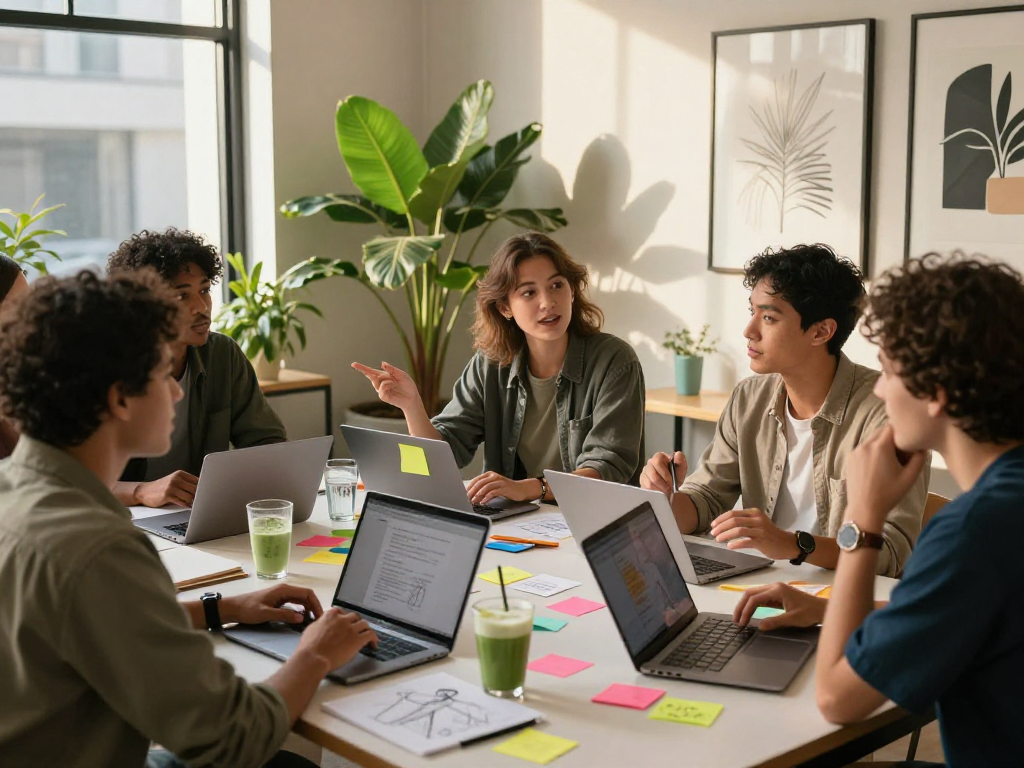 Engaging scene of friends discussing slut ai in a vibrant co-working space, capturing modern collaboration.