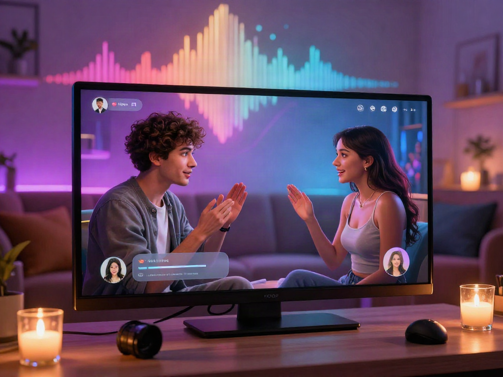Free AI sex chat scene with avatars in a cozy digital lounge, showcasing virtual intimacy.