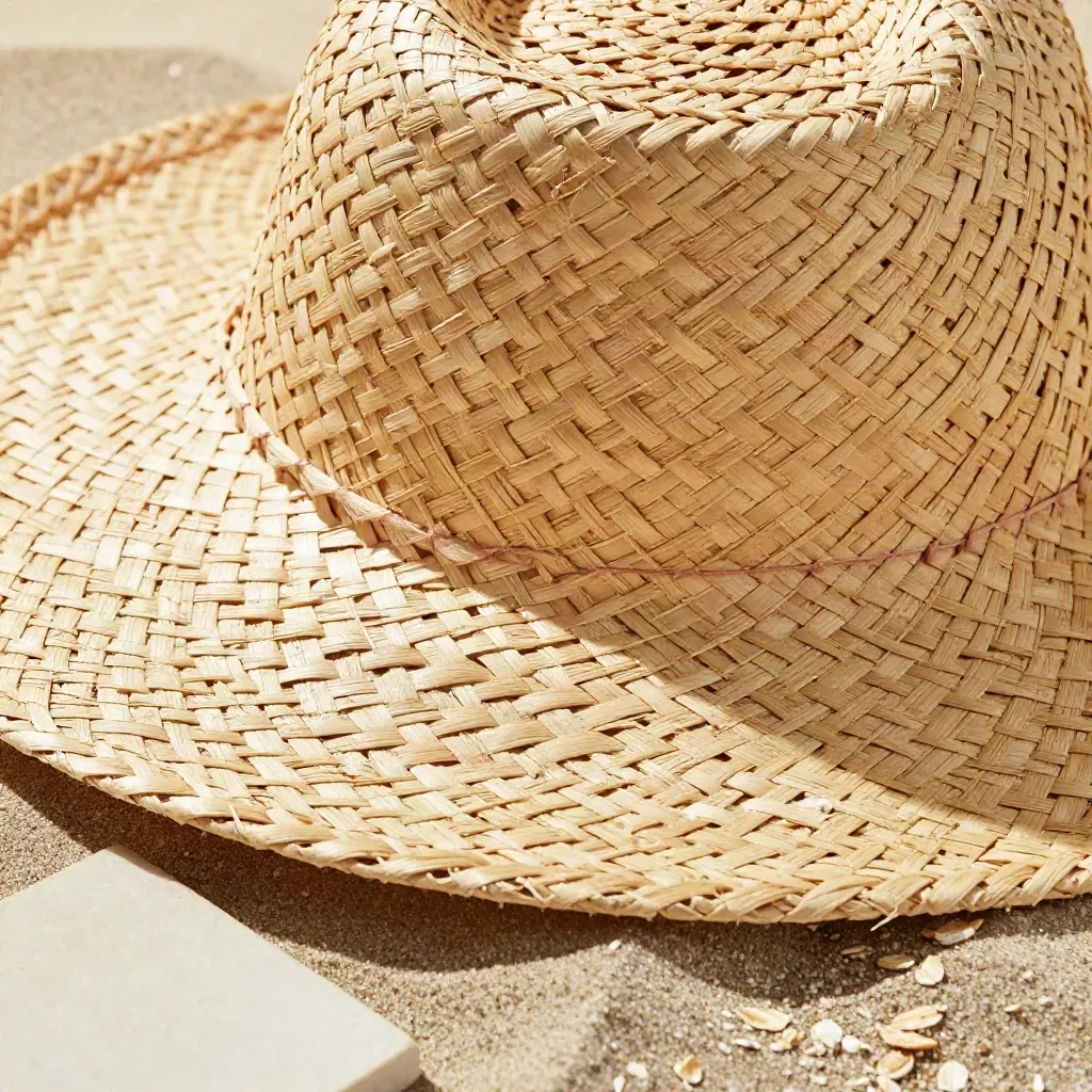 Cappello di paglia naturale su lino stropicciato e piastrella chiara, luce radente calda.