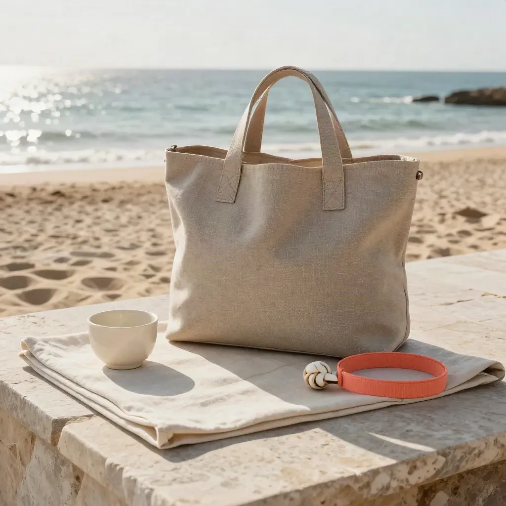 Kit mare estivo con borsa, telo, ciotola in ceramica e cuscino su pietra chiara, luce morbida.
