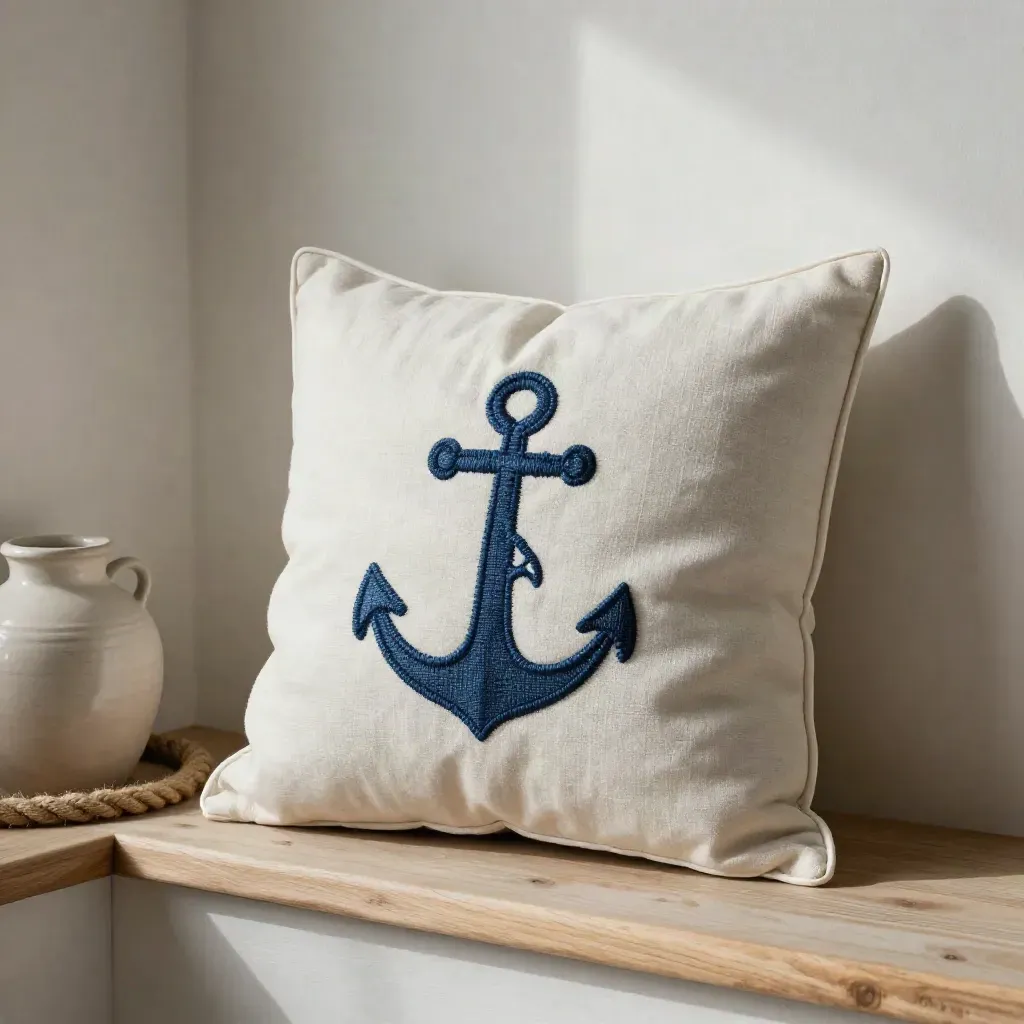 Cuscino quadrato con ancora azzurra su parete in gesso, corda e ceramica in luce morbida.