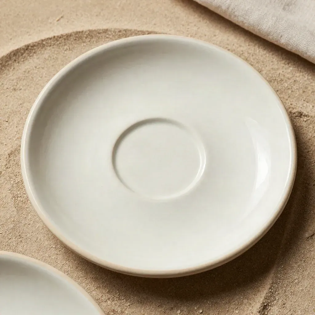 Piattino in ceramica Amalfi smaltato chiaro con bordo irregolare, luce radente e fondo sabbia.