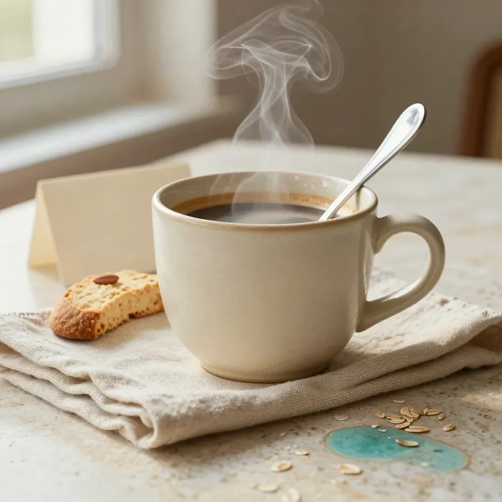 Tazza in gres con cucchiaino, vapore e biscotto su travertino, stile hero da studio.