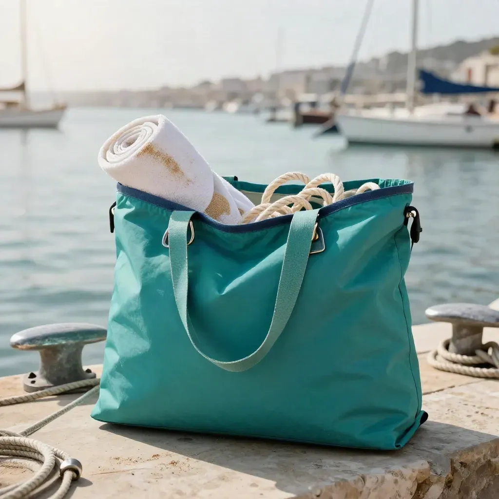 Sacca spiaggia verde mare aperta con telo arrotolato e corde su un molo di pietra.