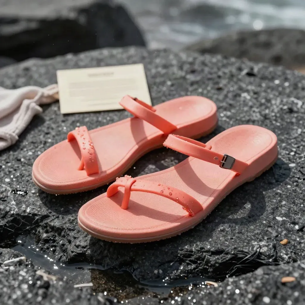 Coppia di ciabatte spiaggia corallo su pietra scura bagnata, con spruzzi d’acqua.