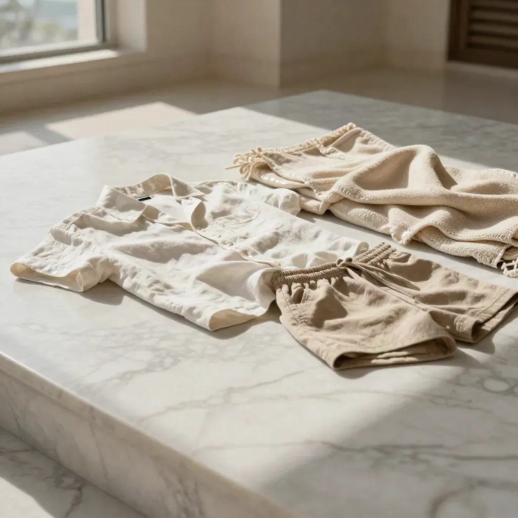 Terrazza in marmo chiaro con camicia di lino piegata e ombra di persiana mattutina