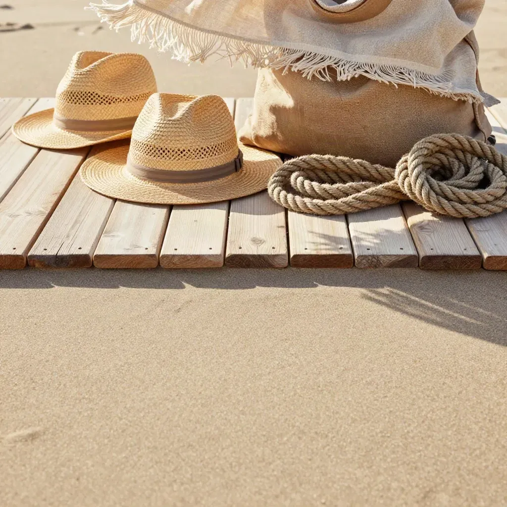 Pontile di legno dorato con cappelli di paglia, corde arrotolate e borsa al vento, luce dorata