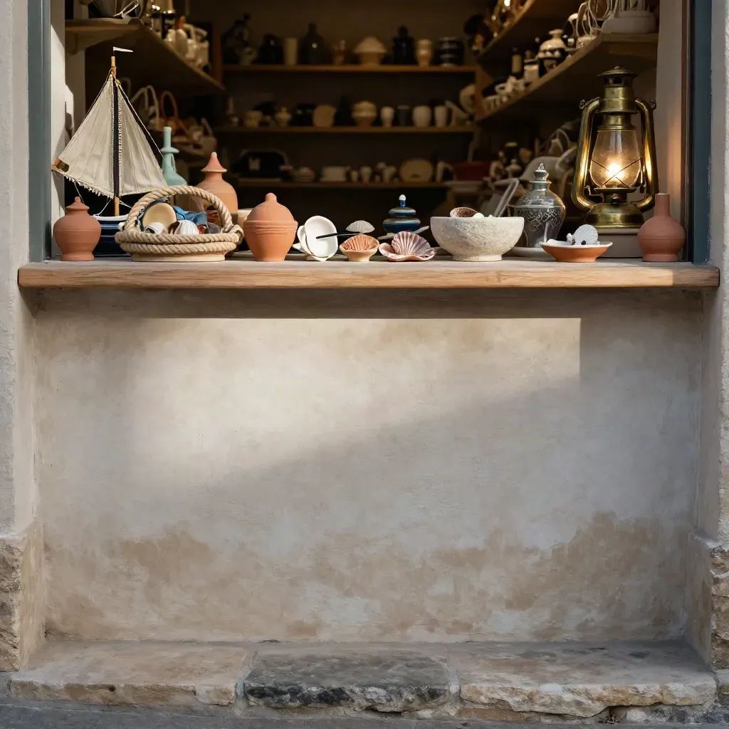Nicchia di negozio costiero con souvenir nautici, ceramiche e lanterna su fondo neutro.