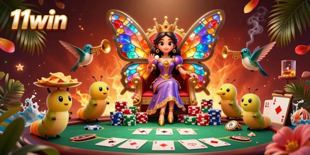 Experience the vibrant fantasy world of 11win with stunning casino elements in this dynamic illustration.