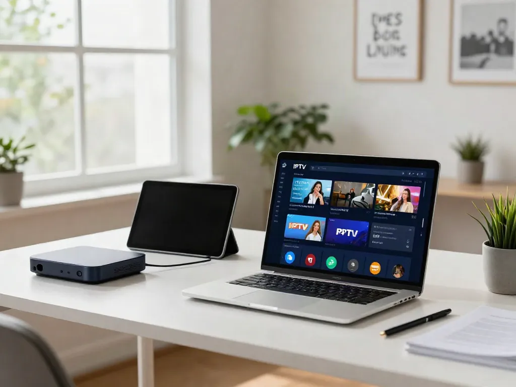 Content creator testing IPTV services with laptop and devices, showcasing test iptv options.