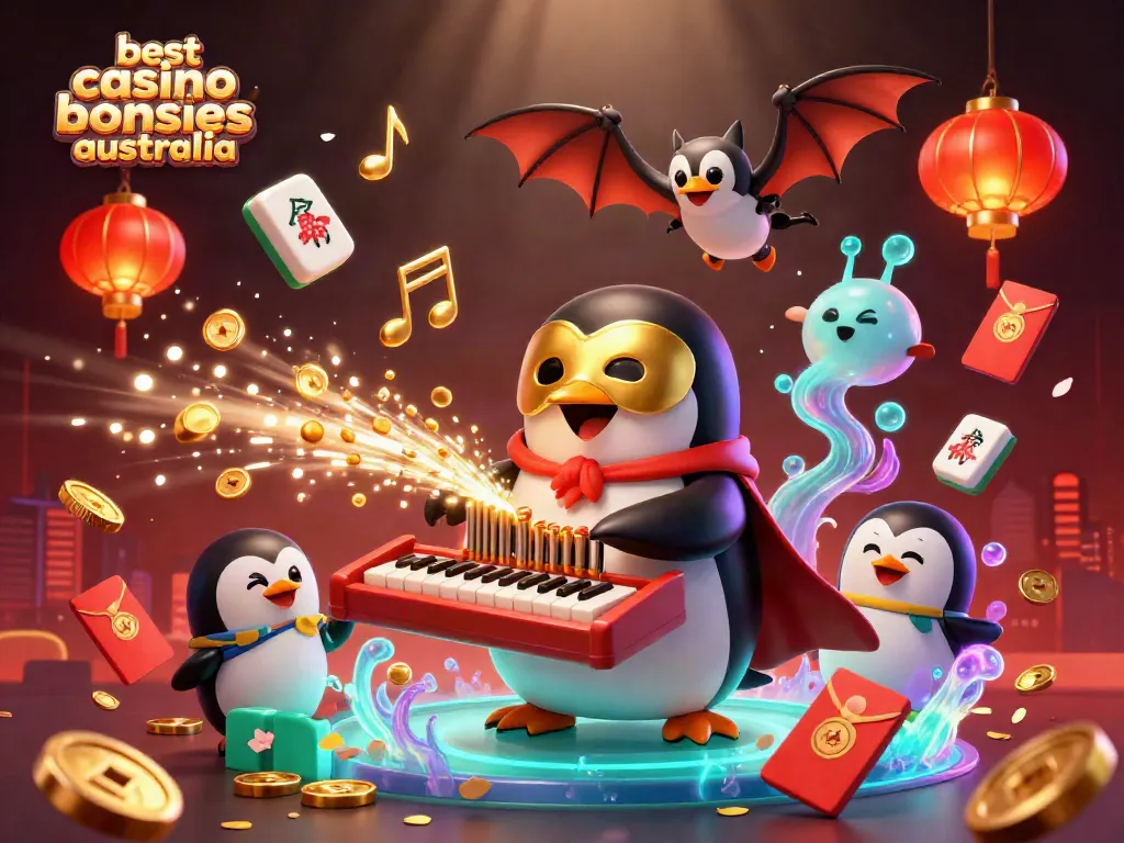 Experience the best casino bonuses Australia with a vibrant 3D scene of a penguin organist, golden coins, and festive casino elements.