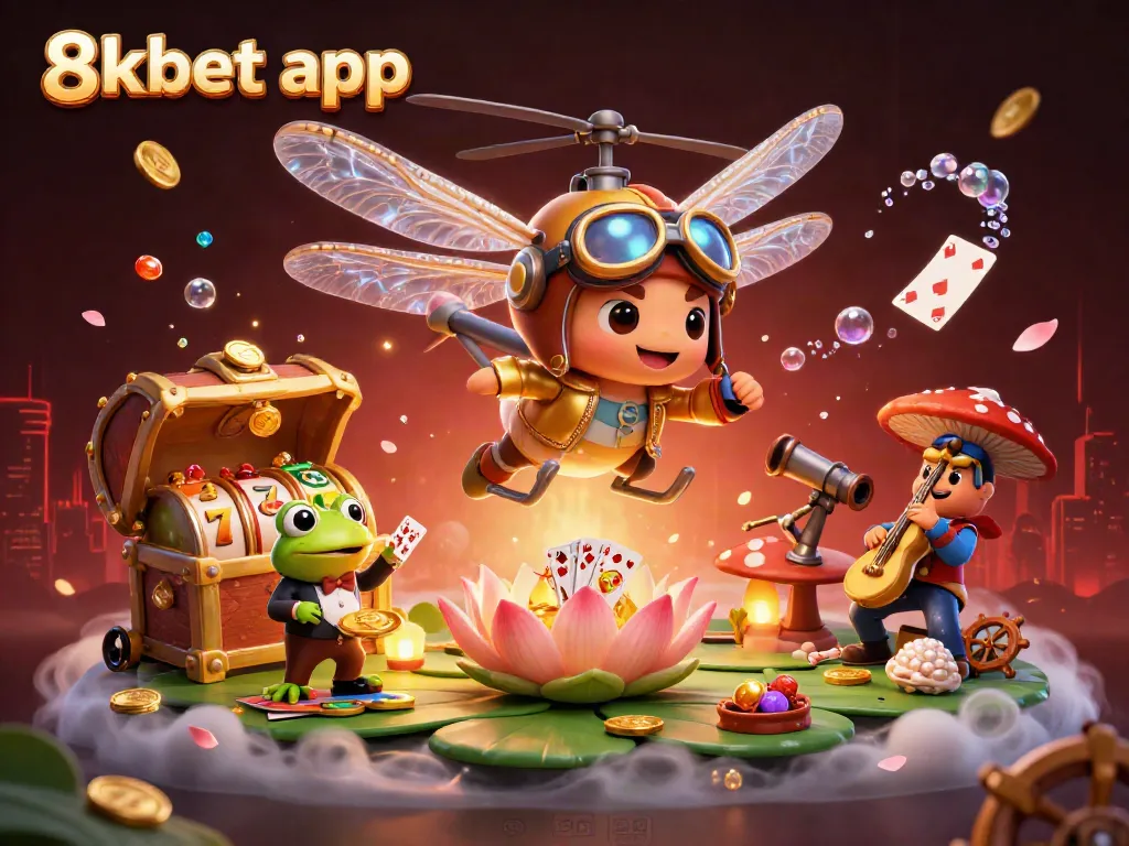 Engage with the exciting 8xbet app, featuring an exhilarating gaming scene with a dragonfly pilot and card-dealing frog.