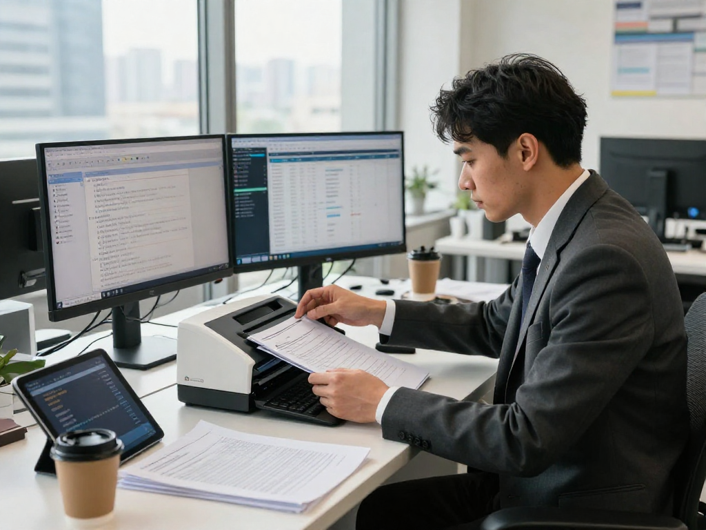 Focused professional using document fraud detection tools in a modern office setting.